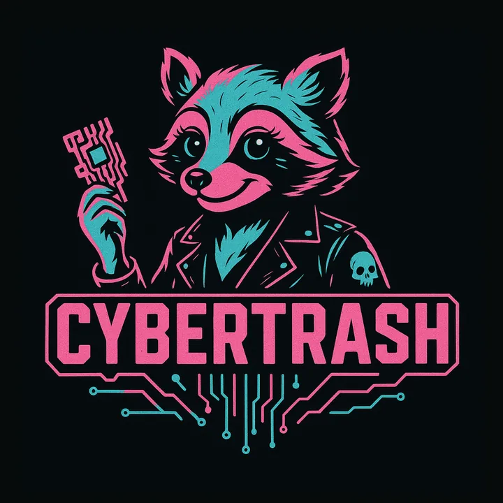 Logo CyberTrash : raton laveur stylisé rose et turquoise au-dessus du nom.