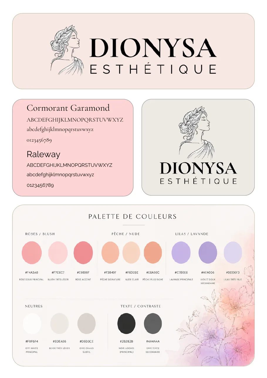 Charte graphique de Dionysa Esthétique : logo avec profil de déesse, typographies et palette rose, pêche et lilas.