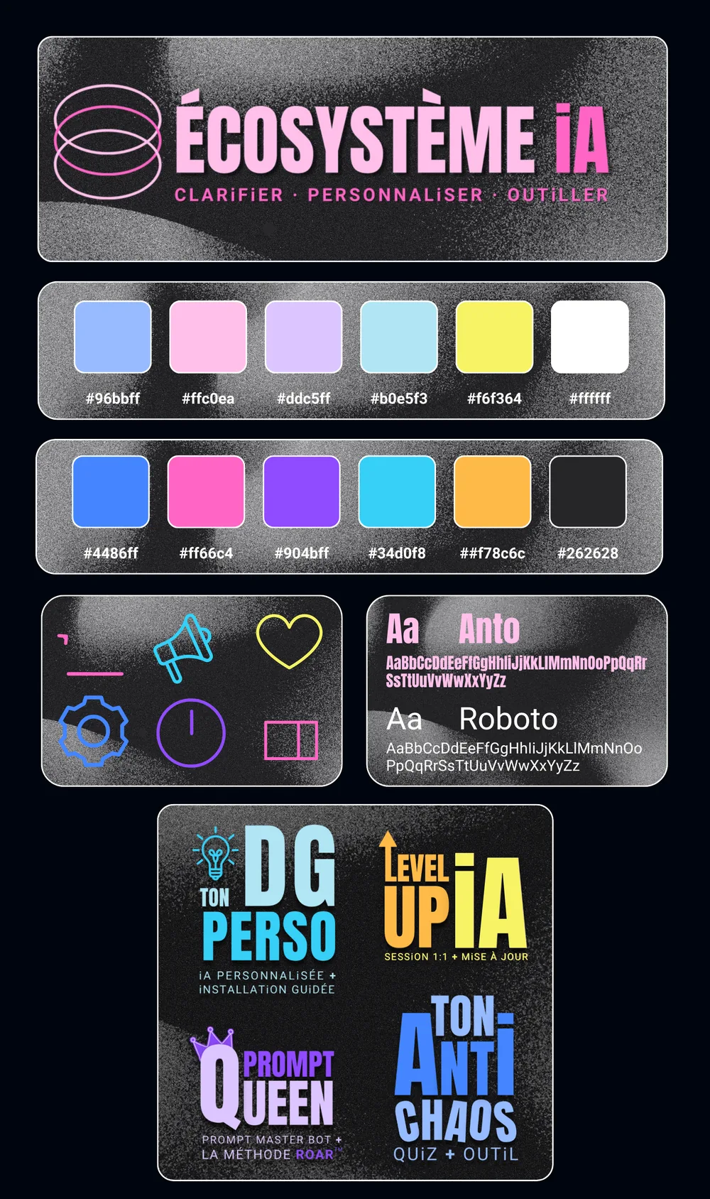 Charte graphique d’Écosystème iA : logo néon, palettes, icônes et logos des produits.