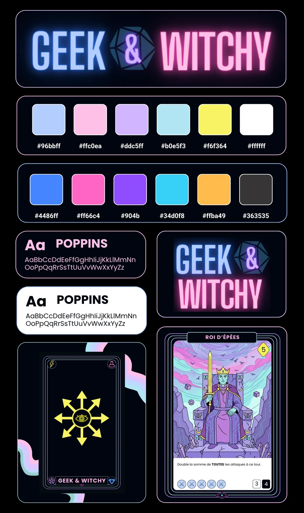 Charte graphique Geek & Witchy : logo néon, palettes pastel et vives, typographie Poppins et carte de tarot.