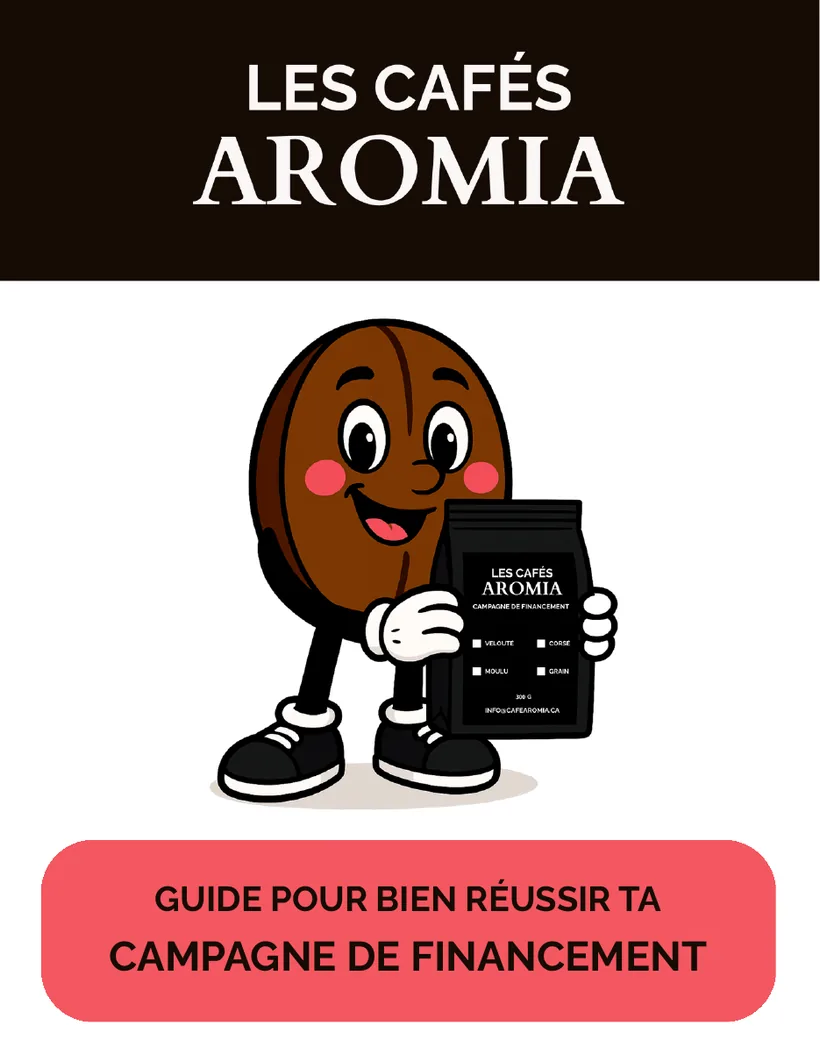Guide de campagne de financement des Cafés Aromia avec la mascotte grain de café.