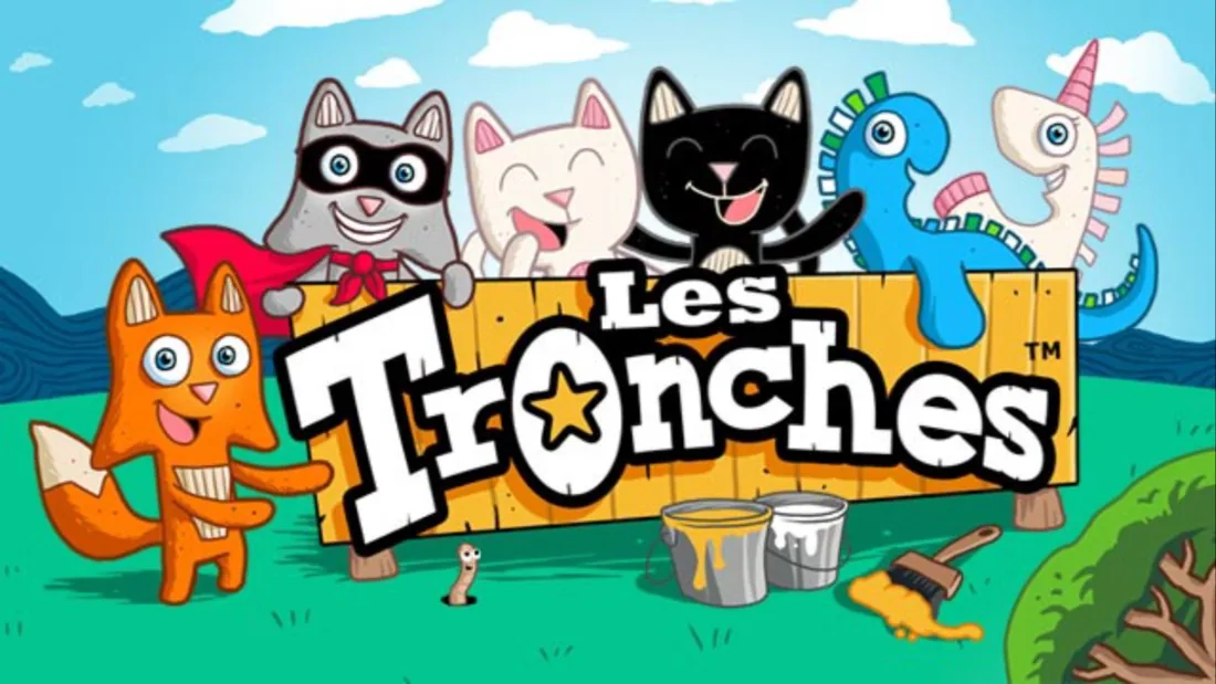 Logo Les TrOnches sur une clôture de bois, avec le renard, le raton superhéros, les deux chats, le dragon et la licorne derrière.